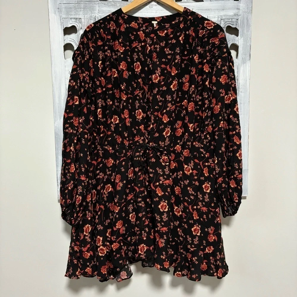 NEW Free People Flower Fields Long Sleeve orange/Black Boho Flowy Mini Dress